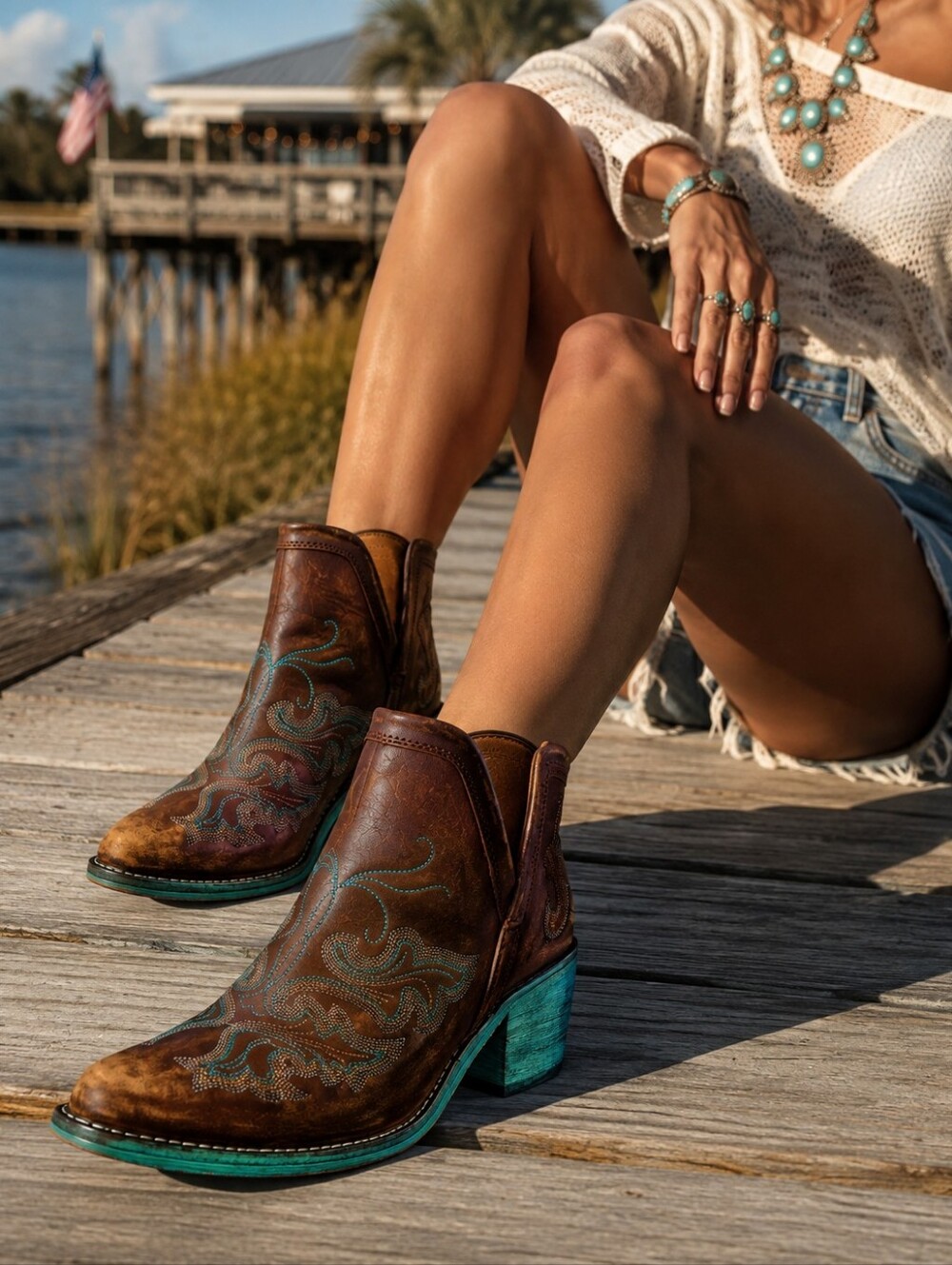 Circle G by Corral Brown Turquoise Embroidered Western Ankle Boots Size 7
